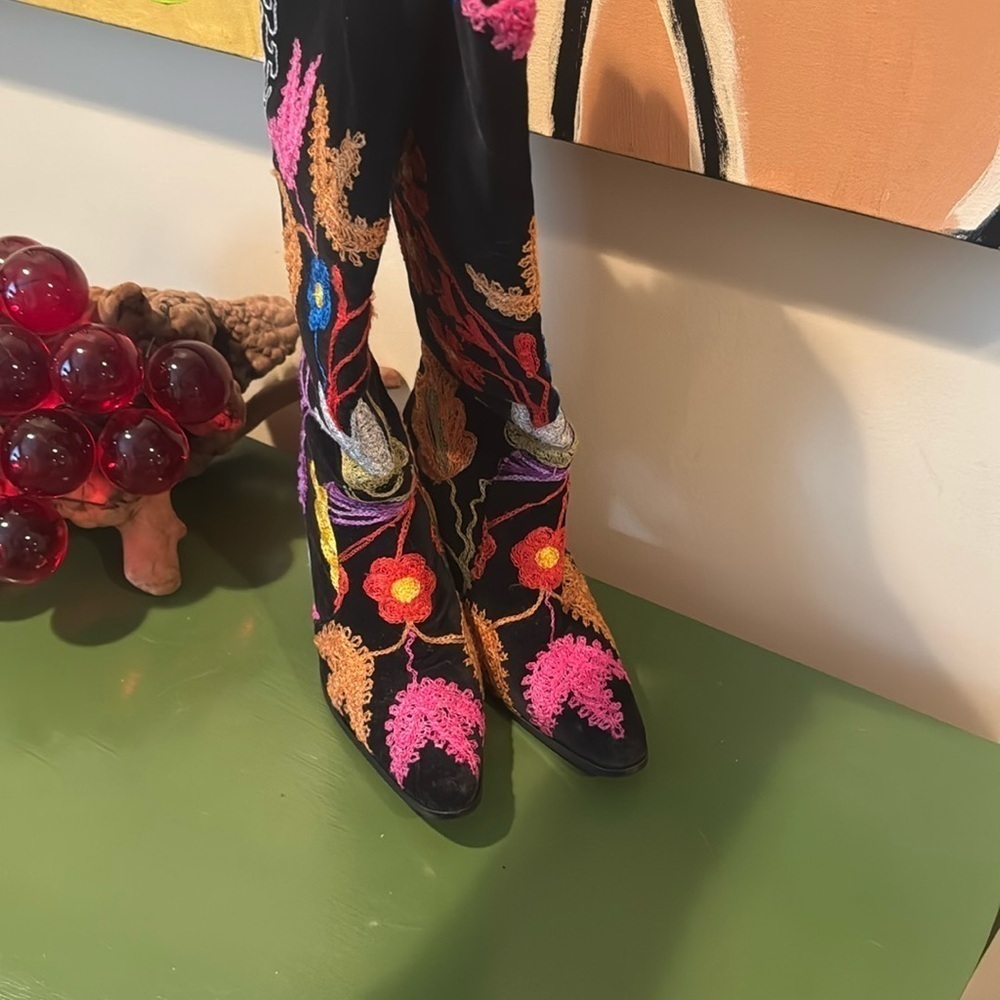 Rockwell Tharp Black and Pink Heeled Boots with Floral Design